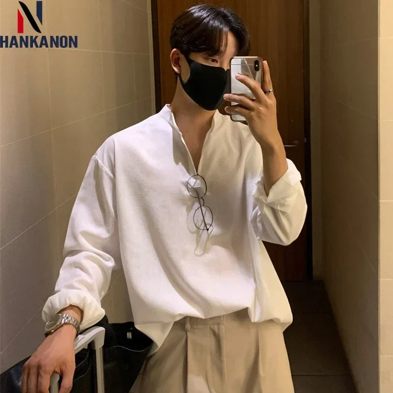 Oversized Korean-style Shirt Hanging Sense Shirt. Youth Long-sleeved Shirt Casual Travel Daily Street Fashion Men Loose-fitting