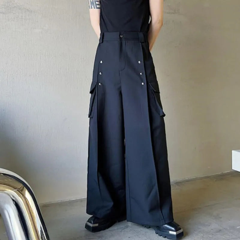 saferido Men's Casual Wide Leg Trousers Korean Style New High Waist Metal Piece Pocket Decoration Fashionable Pants Plus Size S-XL