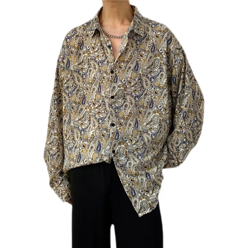 saferido Spring Summer New Cashew Flower Print Shirt Korean style Loose Casual Long-sleeved Tee Tops All-Match Blouse Men
