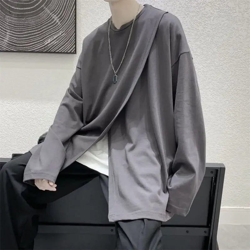 saferido men t-shirts Spring Hong Kong style long sleeve T-shirt Korean handsome loose slit top trend printing oversize man clothes