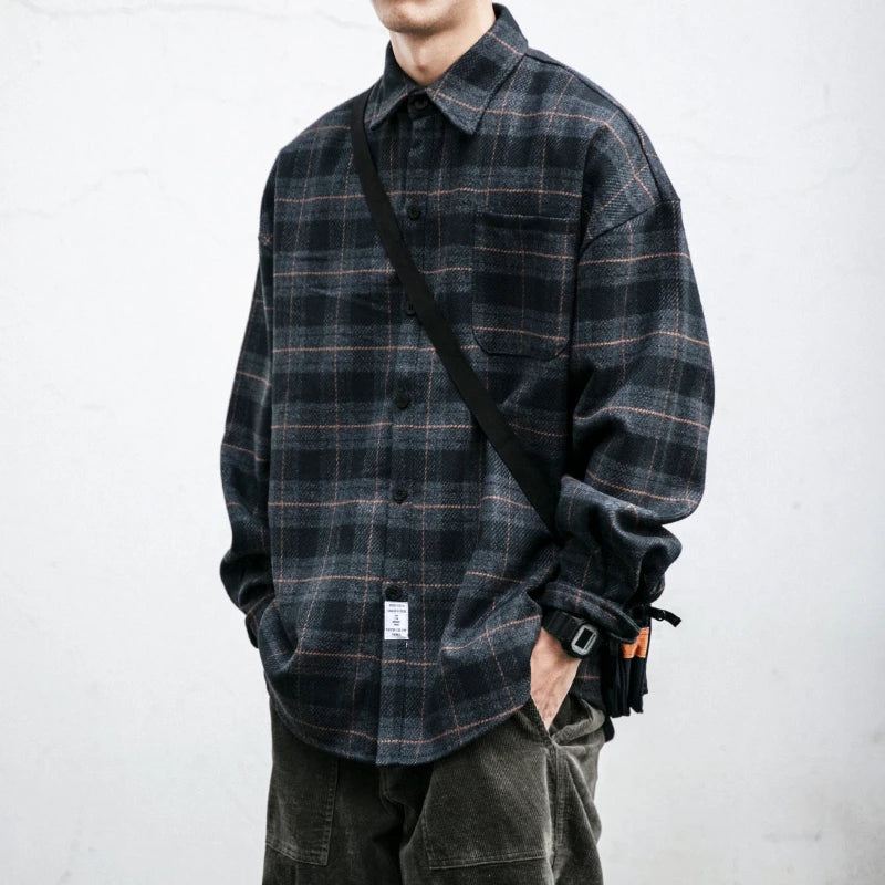 Shirts for Men Chic Long Sleeve Casual Spring Autumn Daily Streetwear All-match Japanese Style Plaid Retro Fashion Outerwear