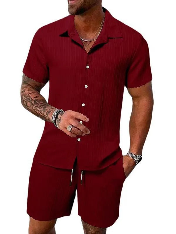 Spring And Summer New Sports Men's Polo Casual Solid Color Loose Short-sleeved Drawstring Shorts Cardigan Striped Sports Suit