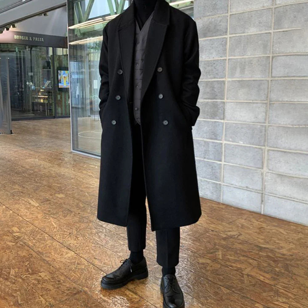 saferido Mens Double-Breasted Mid-Length Coat Autumn Winter Genderless Korean Style Fashion Commuter Thickened Elegant Retro Coat Unisex