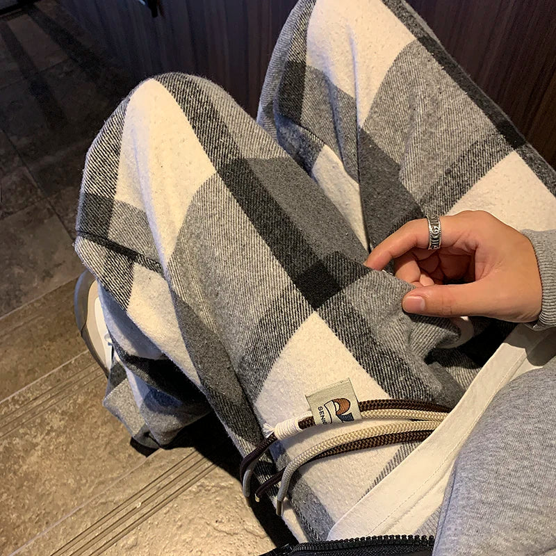 saferido Winter Thickened Woolen Pants Men Warm Retro Plaid Pants Men Oversized Streetwear Loose Wide Leg Pants Mens Thick Trousers M-2XL