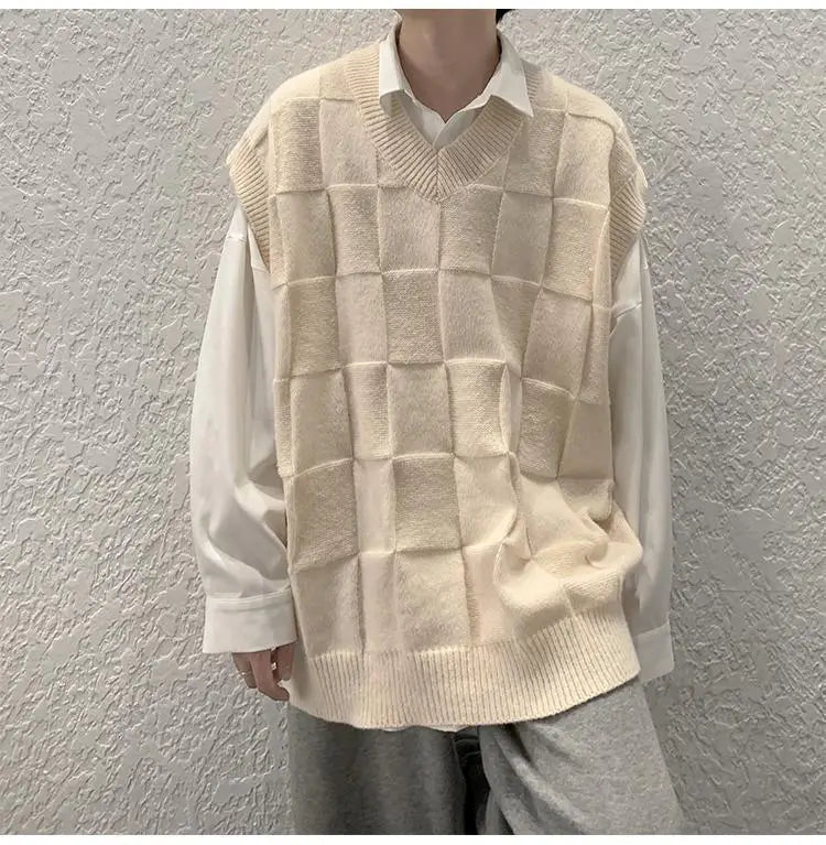 saferido Spring Autumn Fashion Solid Casual Pullover Tess Vest Men Loose Knitted Top Student Preppy Style Sweater Gentle Retro Patchwork