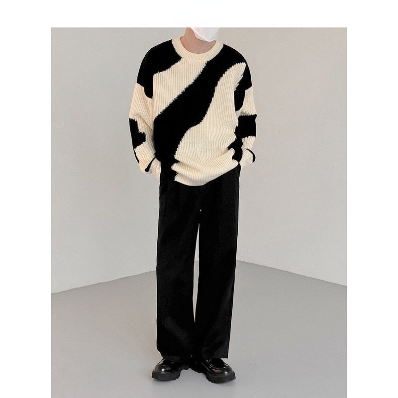 Autumn and Winter O-Neck Knit Sweater for Men Cow Patchwork Pullover Men Loose Casual Harajuku  Mens Oversized Sweater