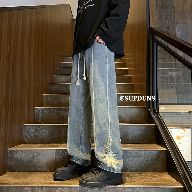 saferido Men's Casual Jeans Vintage Street Style Straight Leg Jeans Star Patch Denim Pants 2024 Korean High-street Versatile Jean