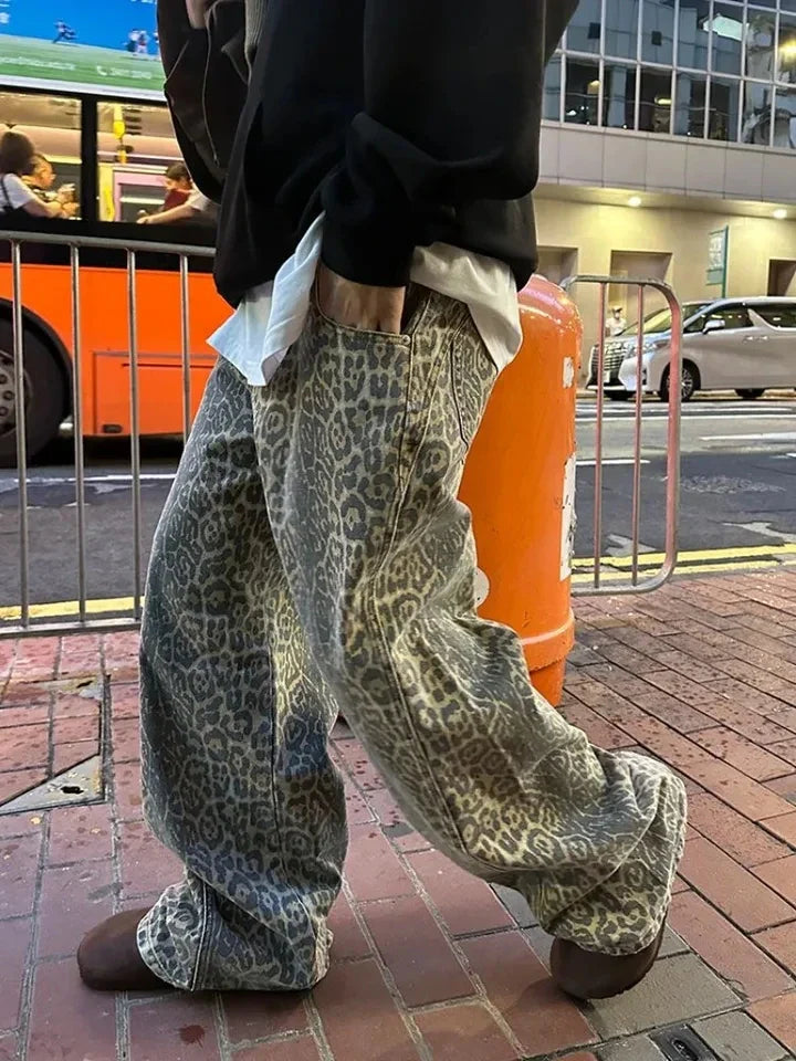 Y2k Leopard Jeans Pants Men Oversized Panther Print Jean Wide Leg Pant Fashion Trendy Retro Loose Man Hipop Baggy Jean Trousers