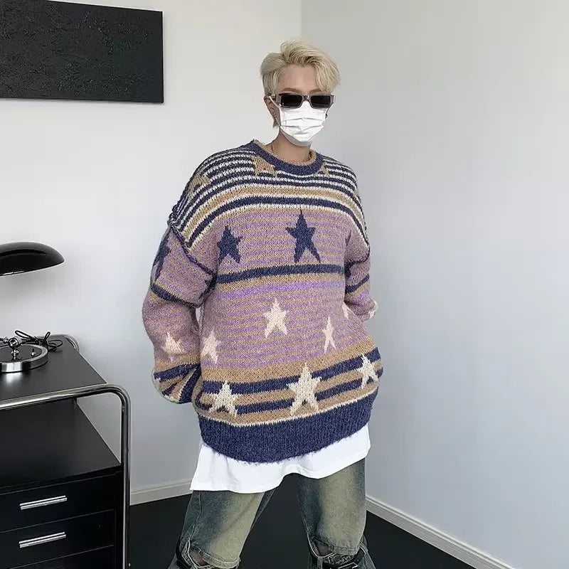 saferido Y2K Star Sweater Men Harajuku Striped Knitted Pullovers Jumpers Male Tops Oversize Purple Winter Streetwear Hip Hop