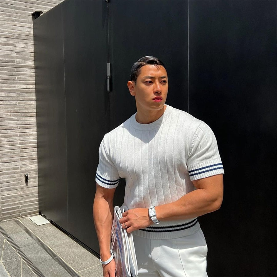 Casual short sleeves t shirt Men Gyms Fitness T-shirt Male Training Workout Knitted stripes Slim Tees Tops Fashion Clothes