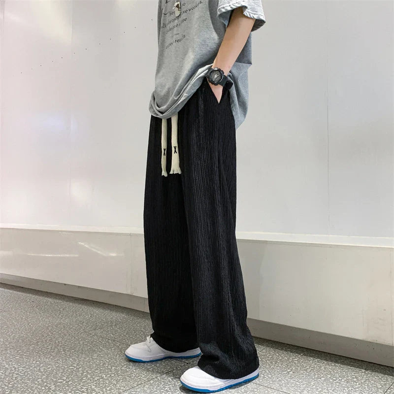 saferido Summer Ice Silk Pants Men Fashion Oversized Wide Leg Pants Men Japanese Streetwear Hip Hop Loose Pleated Pants Mens Trousers