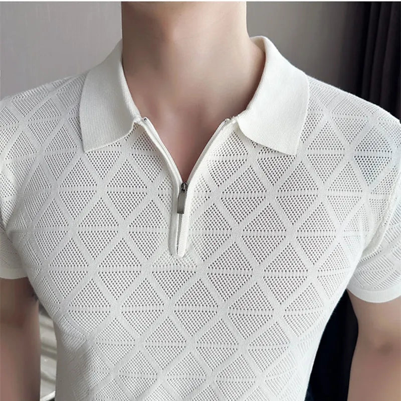 saferido Korean Style Men's Summer Casual Knitted Polo Shirts/Male Slim Fit Fashion Zipper Design Hollow Out Polo Shirts S-3XL
