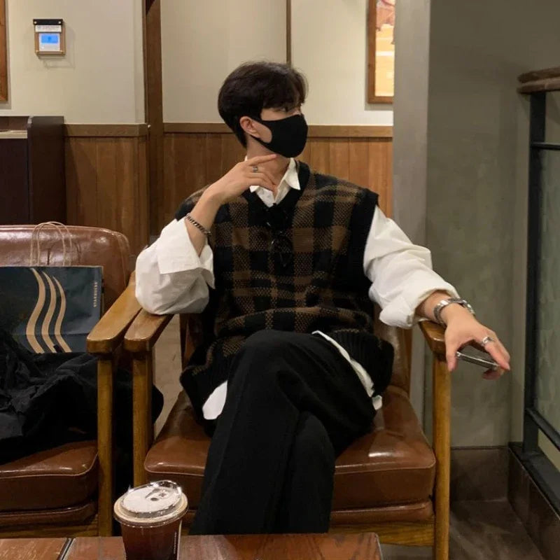 saferido Knitted Sweaters for Men Plaid V Neck Man Clothes Waistcoat Sleeveless Vest Casual Korean Autumn Y2k Streetwear Elegant