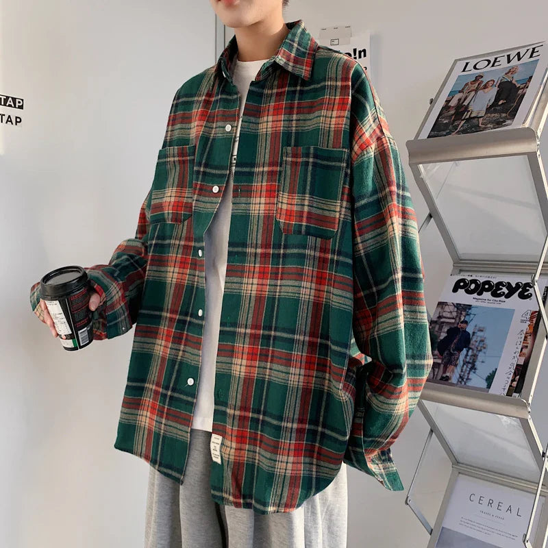 saferido Long Sleeved Shirt Men Oversized Fashion Retro Plaid Shirt Men Streetwear Loose Casual Shirt Mens Vintage Shirts Plus Size 5XL