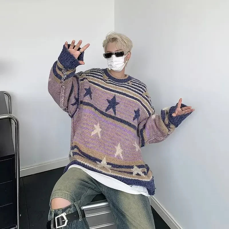 saferido Y2K Star Sweater Men Harajuku Striped Knitted Pullovers Jumpers Male Tops Oversize Purple Winter Streetwear Hip Hop