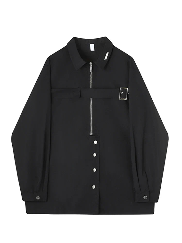 saferido Techwear Shirts Men Darkwear Hip Hop Blouses Punk Black Long Sleeve Button Up Male Zipper Harajuku Japanese Streetwear