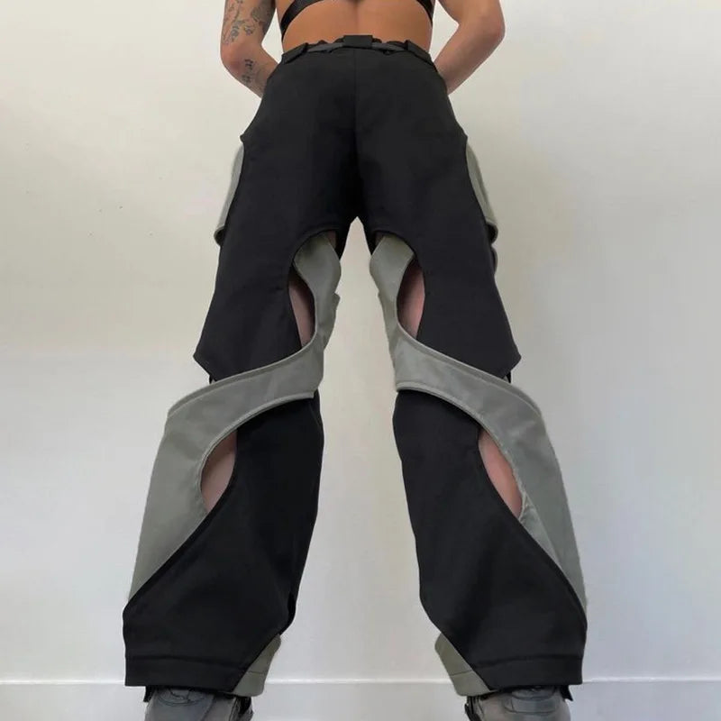 saferido Y2k Techwear Casual Pants Men Hollow Out Baggy Patchwear Trousers Male Streetwear Low Rise Sweatpants Korean Hip Hop