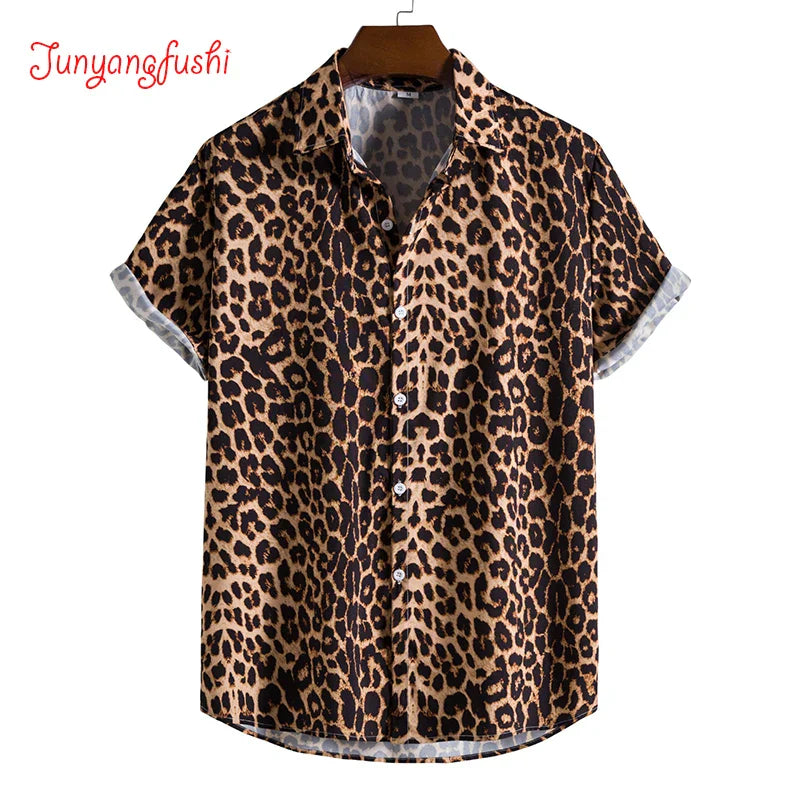 Leopard Floral Shirt Men Camisa Masculina Brand Slim Fit Short Sleeve Hawaiian Shirt Men Party Beach Casual Shirts Male 5XL