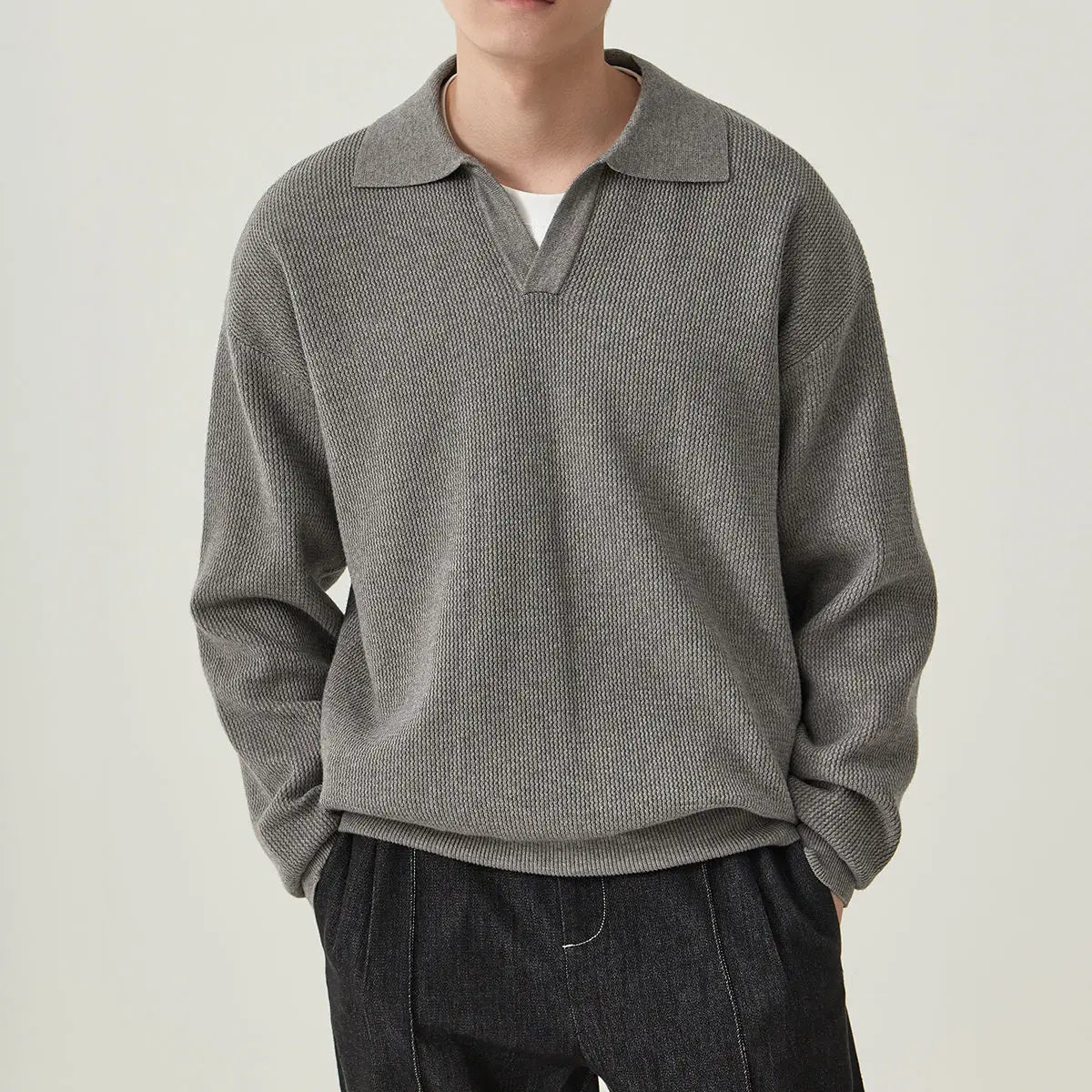 Designed Winter Small V-neck Pullover Knitted Sweater Men Retro Polo Collar Loose High-end Simple Solid Color Vintage Sweater