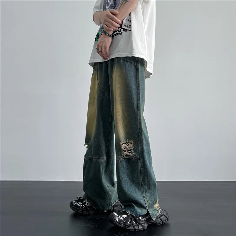 saferido Men's Hip Hop Ripped Hole Jeans Korean Handsome Casual Pants High Street Straight Loose Wide Leg Jeans Vintage Blue Baggy Jeans