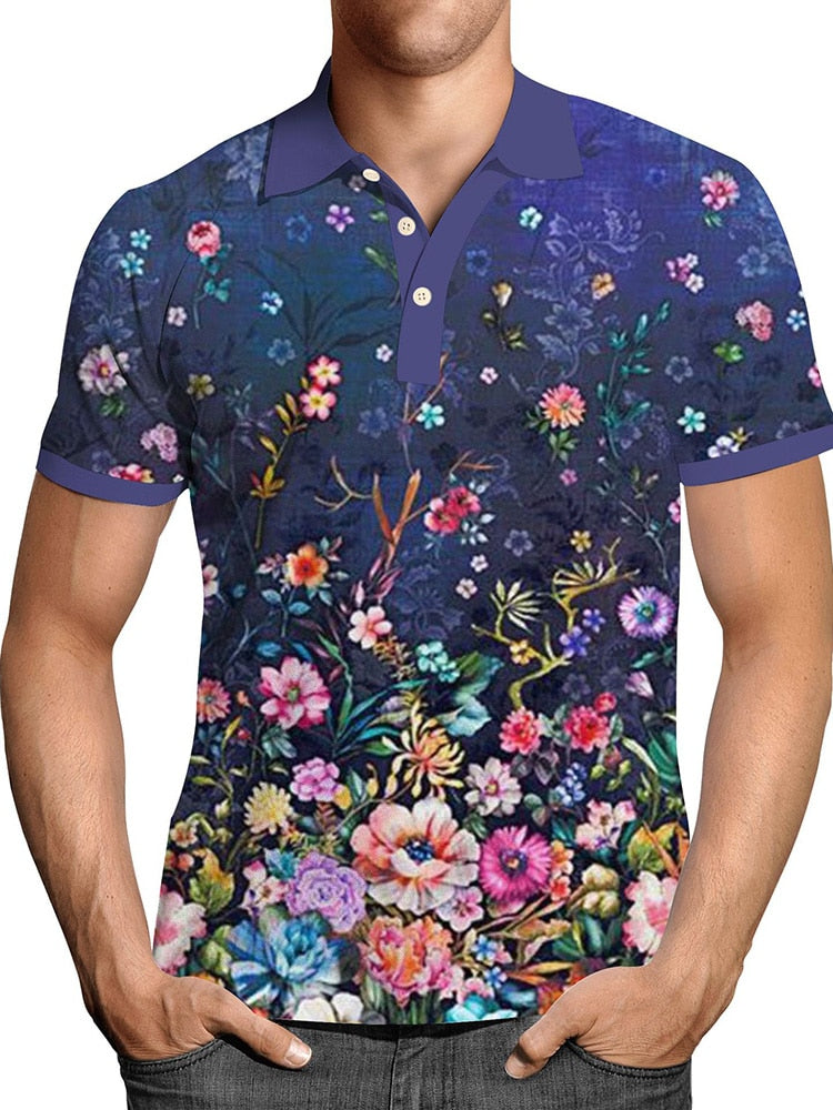 Pullover Tops Mens Fashion Turn-down Collar Button-up Polos Vintage Print Polo Shirt Men Summer Short Sleeve Casual shirts