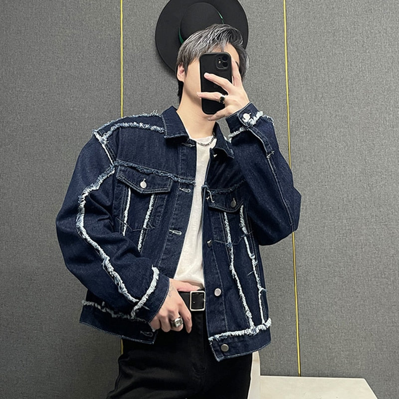 Men's Korean Style Denim Jacket New Fashion Burrs Shoulder Pad Male Jackets Trendy Single Breasted Patchwork Menwear