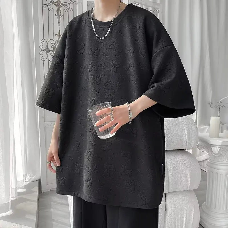 saferido Fashion Short Sleeve T-shirts Men Jacquard Korean Couples Youthful All-match Y2k Tops Harajuku Streetwear Unisex Mens Clothing