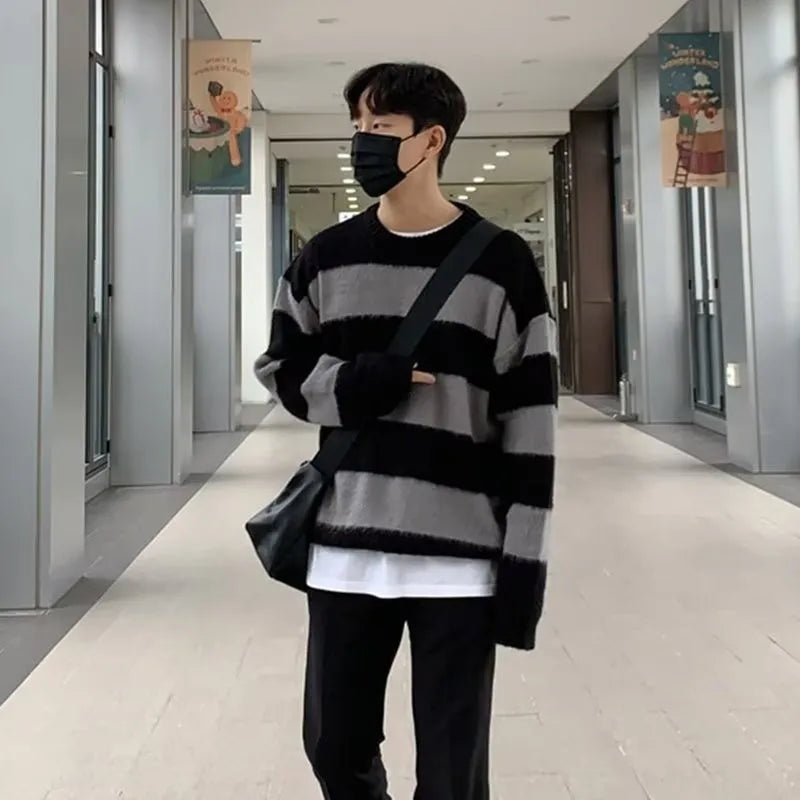 Men's Knitted Light Luxury Pullover Sweater Men Casual Striped Vintage Loose O Neck Solid Color Long Sleeve Streetwear Knitwear