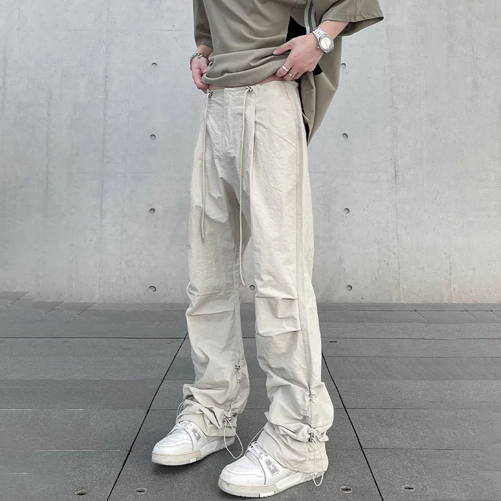 saferido Baggy Cargo Pants Men Y2k Streetwear Bright White Straight-leg Autumn Elastic Waist Wide Leg Casual Oversized Stacked Trousers