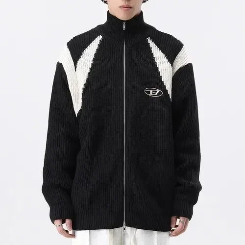 Y2K Knitted Cardigan Sweater Men Vintage Streetwear Coat Male Hip Hop Korean Jumpers Jacket Turtleneck Patchwork Zipper