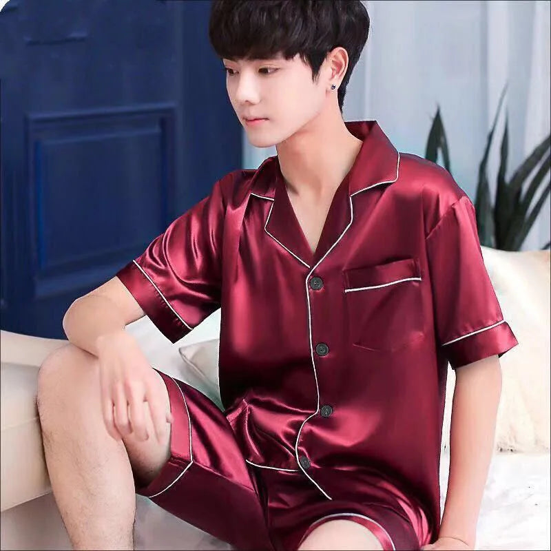 Men Pajama Sets Ice Silk Satin Short Sleeve Shirt+Shorts 2Pcs Suit Summer Thin Sleepwear Solid Color Male Casual Home Clothes