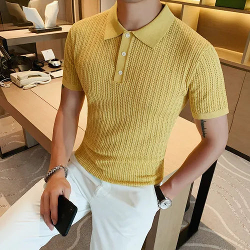 saferido British Style POLO Shirts Men Knitting Short Sleeve Shirts Solid Color Lapel Business Casual Top Summer Social Clothing 3XL