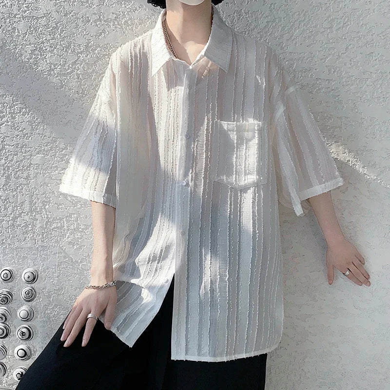saferido Spring Summer Men's Solid Shirts Short Sleeve Harajuku Style Cardigan Casual Blouses Male Plus Size Lapel Shirt