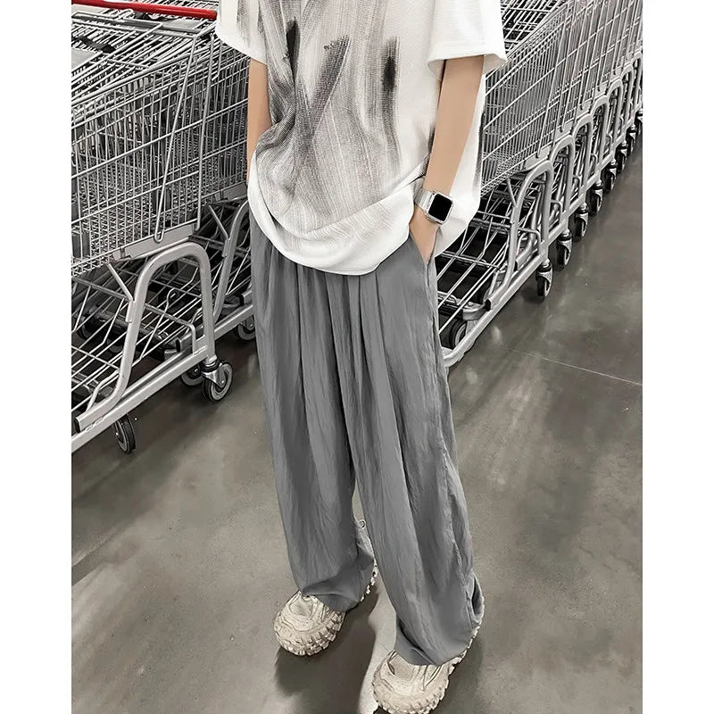 saferido Summer Casual Pants Men Solid Simple Ice Silk Breathable Baggy Wide Leg Trousers Japanese Style Vintage Fashion Couples Chic Ins