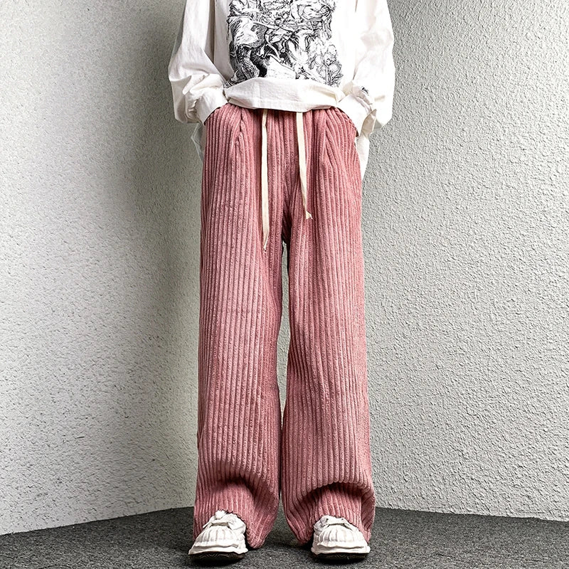 saferido Corduroy Pants Men's Straight Pants Solid Color Drawstring Unisex Wide Leg Oversized Trousers Casual Japanese Style Male Pants