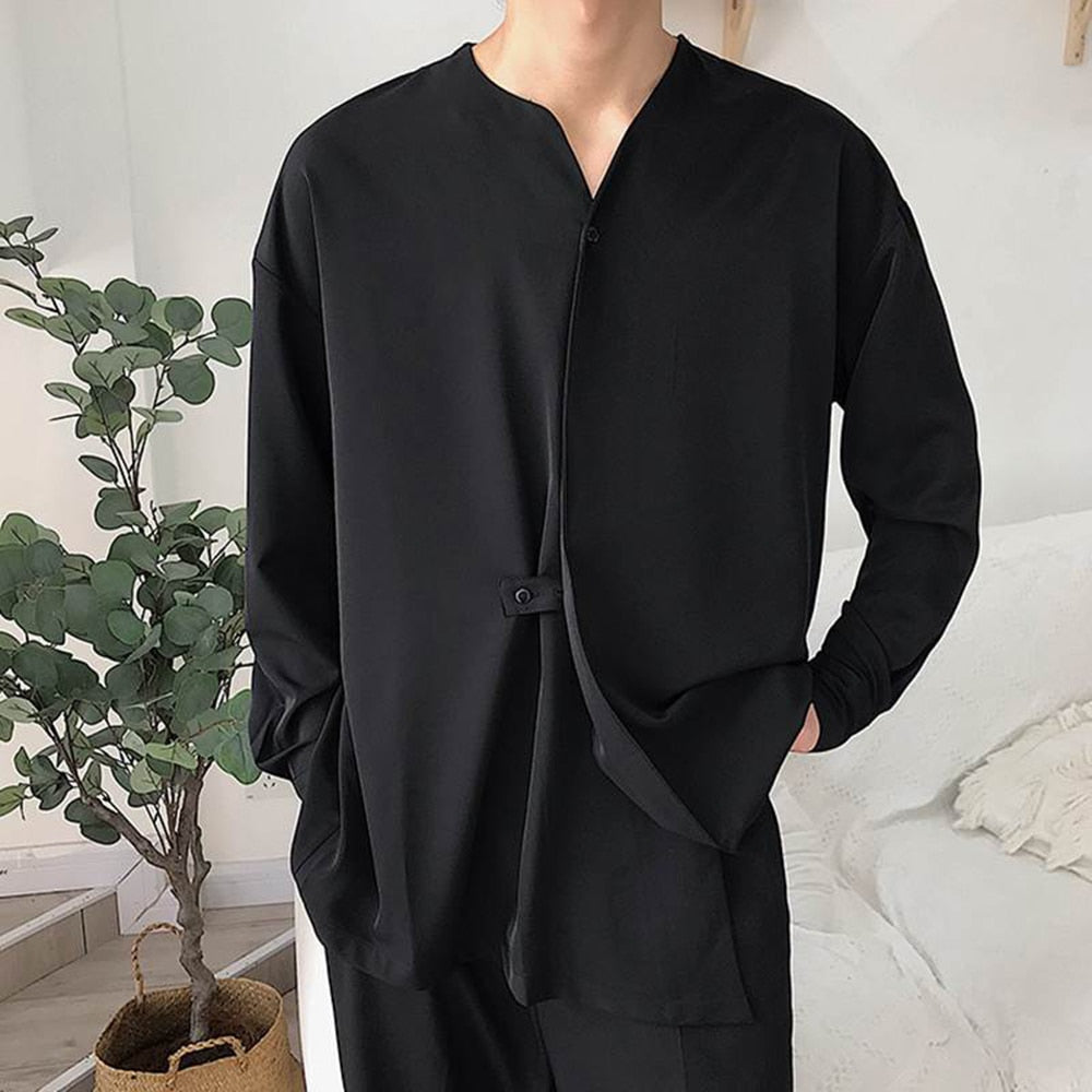 Mens Irregular Button Drape Solid Color Shirts
