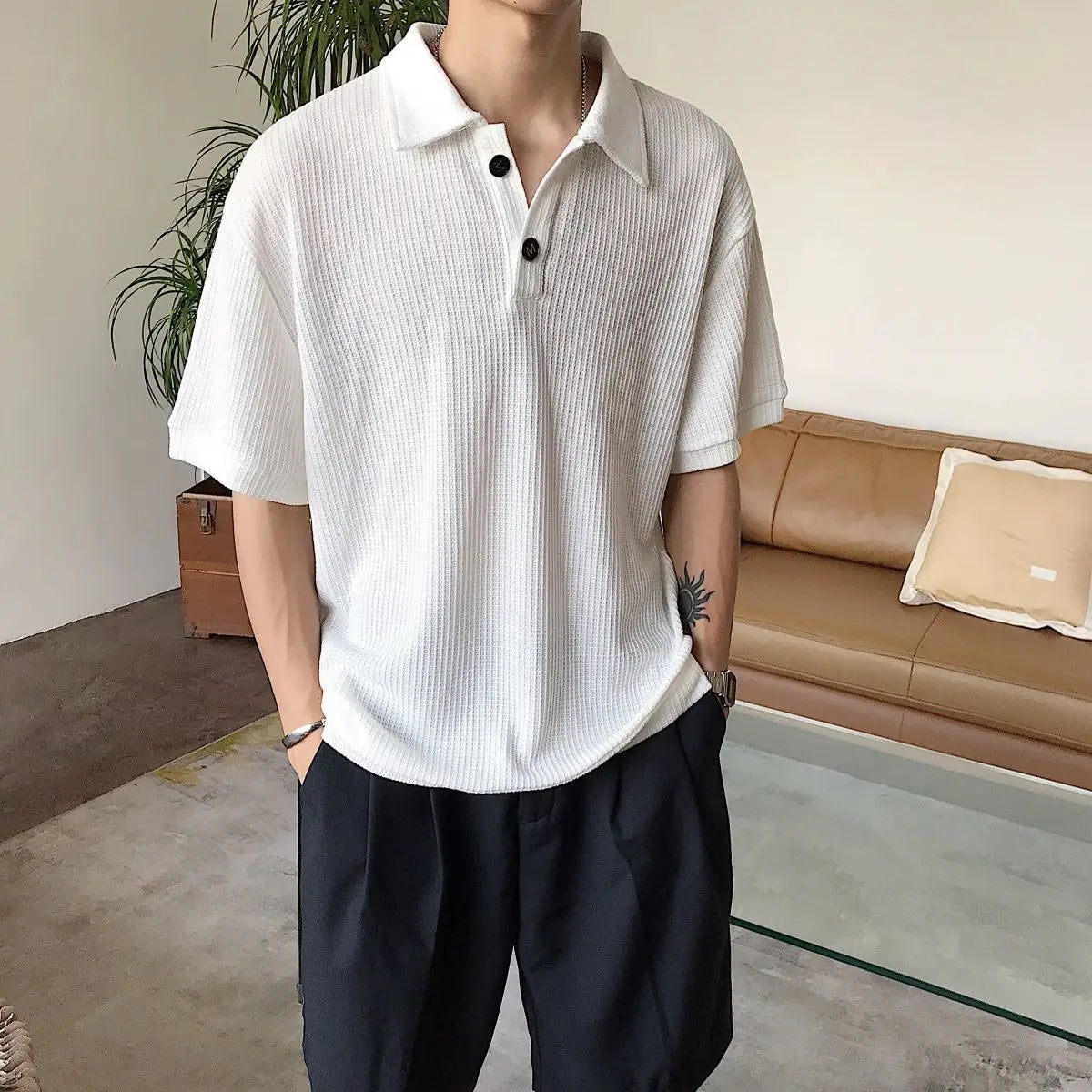 Korean Fashion Simple Short Sleeve Waffle Polo Shirt Men Advanced Texture Good Quality Lapel Loose Casual Solid Color Trend Top