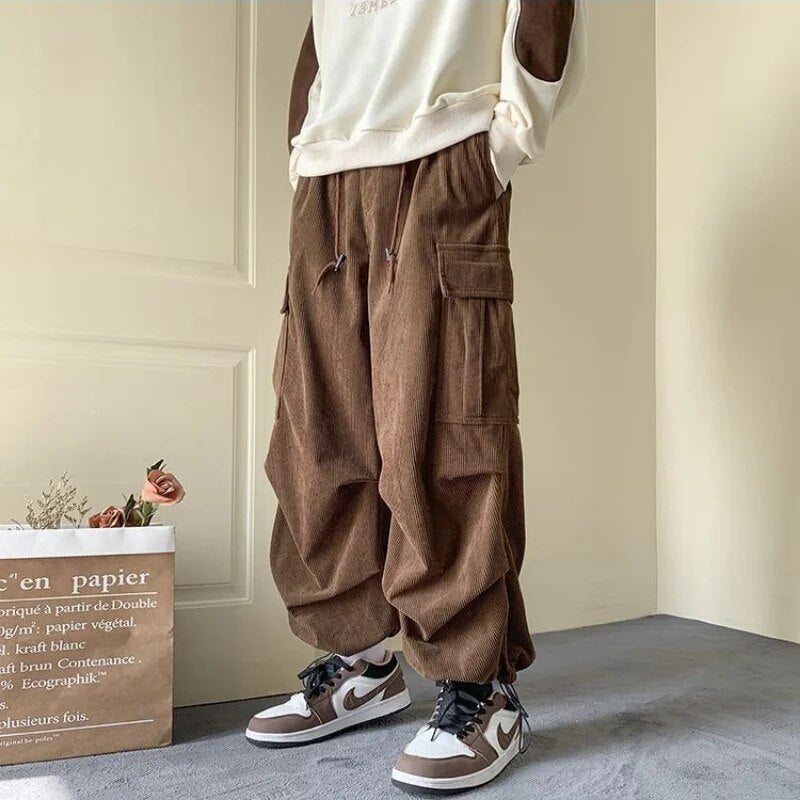 Corduroy Cargo Pants for Men Streetwear Black Cargo Trousers Male Joggers Hip Hop Green Black Japanese Pocket Korean