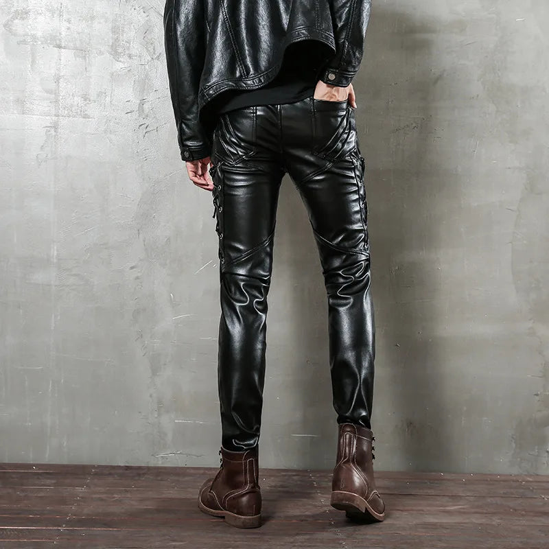 saferido 2024 PU leather men's black leather rope plus velvet leather pants punk style men's motorcycle pants slim fit personality simple
