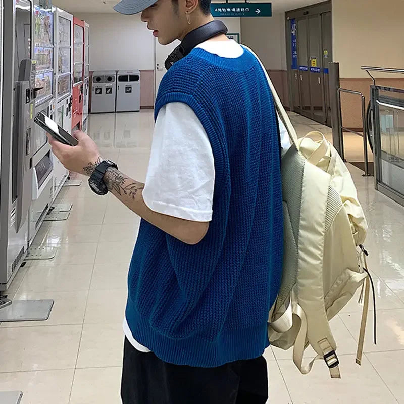 saferido Men's Clothing Blue Plain Sleeveless Vest Knit Sweater Male Waistcoat V Neck Solid Color Warm Classic Japanese Retro Wool
