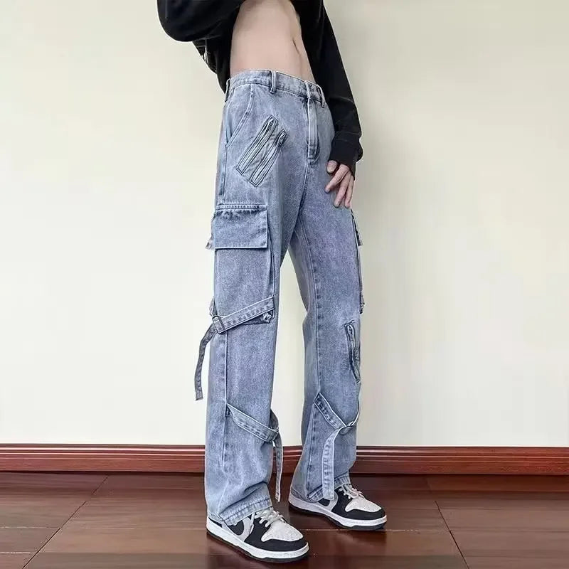 saferido American Stylevibe Black Trendy Straight-leg Slim Fit Jeans For Men Comfortable Loose Fit Drawstring Pants