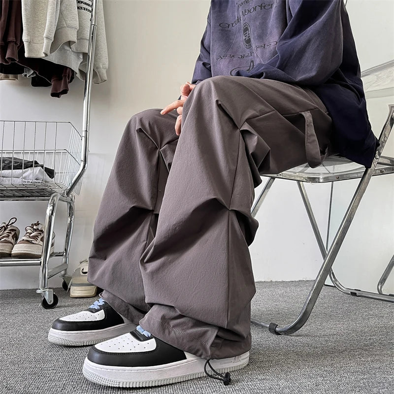 saferido Plus Size 5XL-M High Street Pleated Overalls Men's Fashion Loose Straight Casual Pants Male Solid Color Trousers Spring New