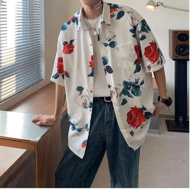 Couple Japanese Shirt Harajuku Oversized Short Sleeve Shirt for Men Women Hawaiian Print Flower Shirt Geometric Streetwear