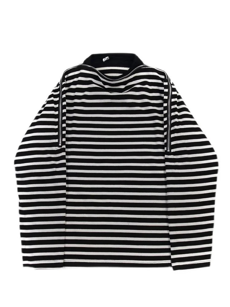 saferido Wide Streetwear Open Shoulder Zipper Fake Two Pieces Stripe Long Sleeve Top Men's Loose Long Sleeved T-shirt Spring