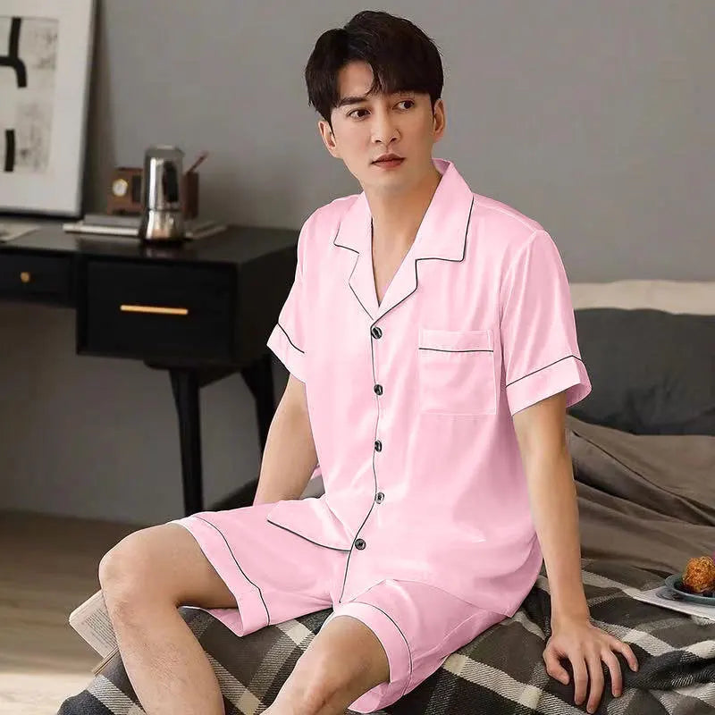 Men Pajama Sets Ice Silk Satin Short Sleeve Shirt+Shorts 2Pcs Suit Summer Thin Sleepwear Solid Color Male Casual Home Clothes