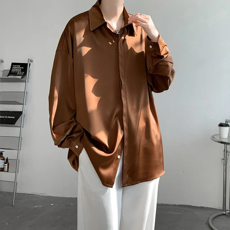 saferido Korean Fashion Ice Silk Shirts for Men Spring Summer Solid Color Long Sleeve Casual Loose Comfortable Button Up Shirt 5XL-M