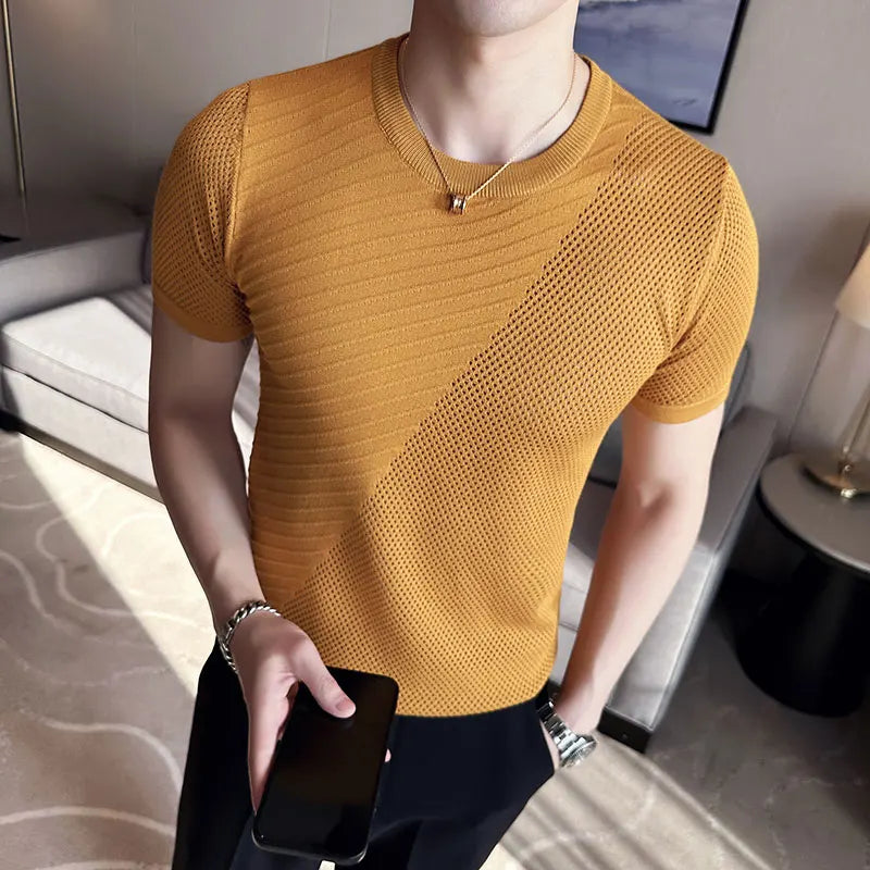 saferido Korean Style Men's Summer Casual Short Sleeve Knitted T-shirt/Male Ice Silk Hollow Out Round Neck T-shirt S-3XL