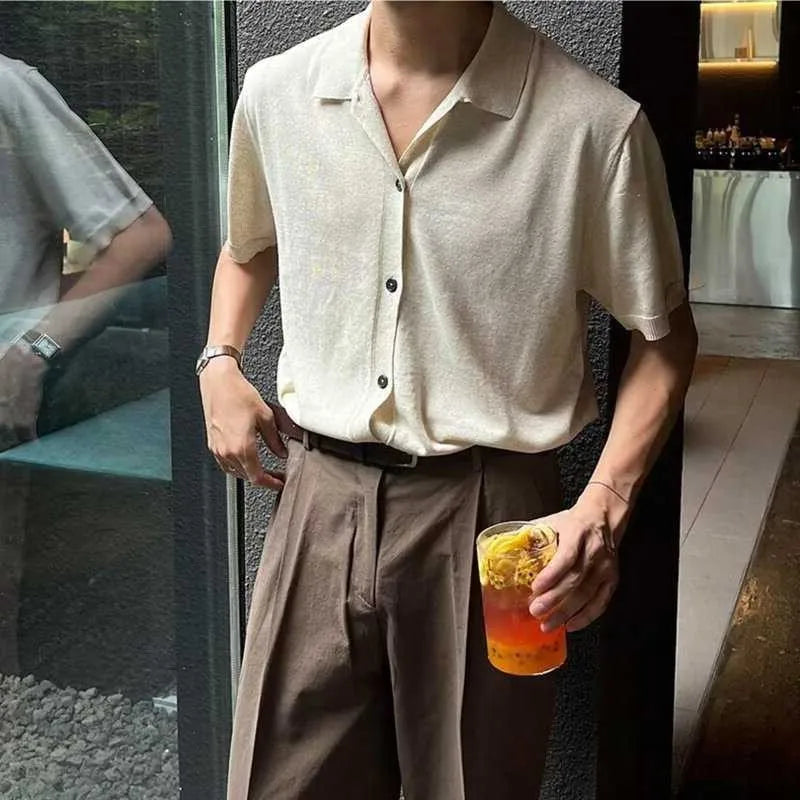 Summer Men's Clothing Luxury Button-down Knit Polo Shirt Korean Popular Lapel Solid Color Short Sleeve Leisure Fashion Knitwear