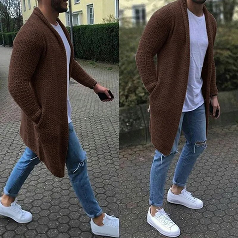New Mens Knitted Cotton Cardigan Fashion Long Sweaters Male Casual Solid Long Sleeve Slim Outwear Autumn Winter Warm Jacket