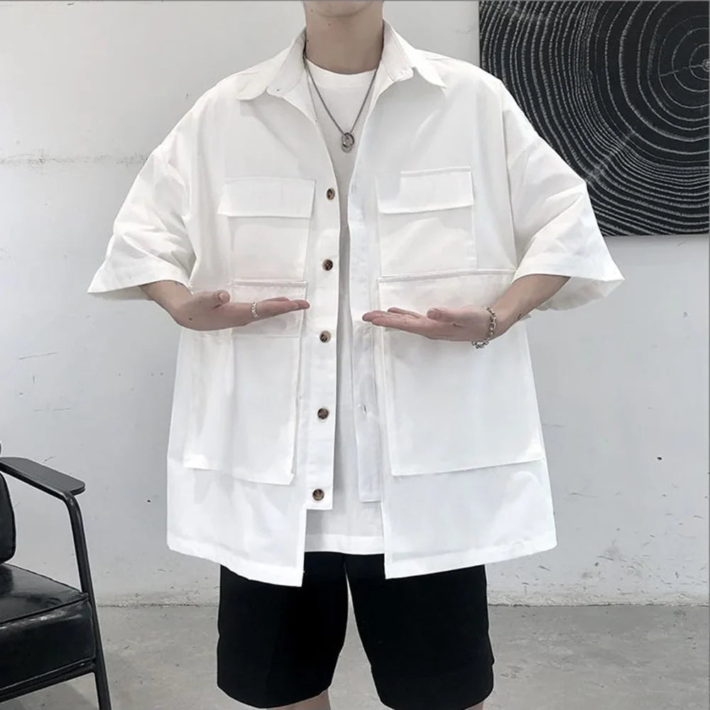 saferido Mens Big Pocket Workwear Short-Sleeve Shirt Streetwear Fashion Youth Trendy Solid Color Versatile Tops Men'S Clothing Spring New